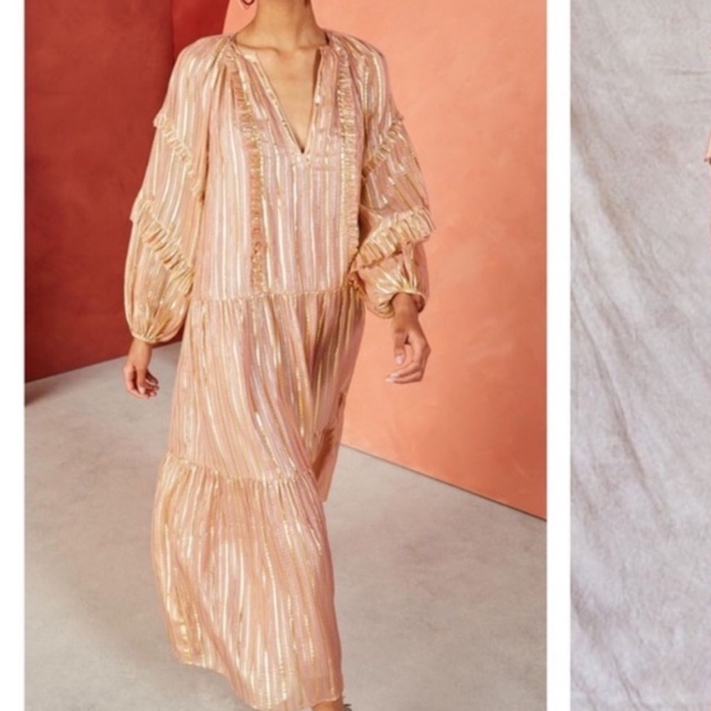 Ulla Johnson rose and metallic gold vacation silk maxi dress